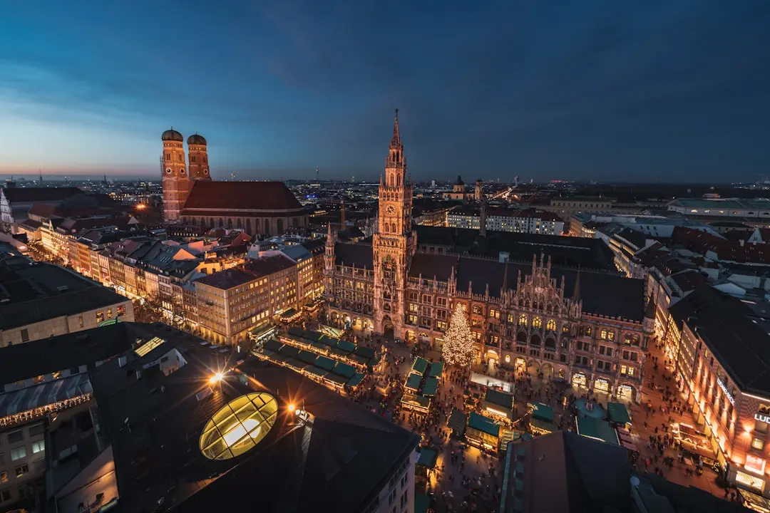 Munich skyline Germany with city lights and Marienplatz